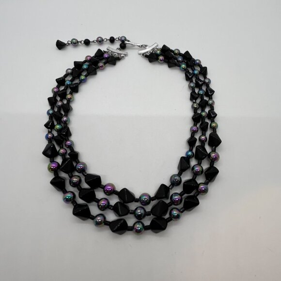 Vintage Japan Black Iridescent Bead Necklace Clip-On Earrings Set Elegant READ - Picture 9 of 14